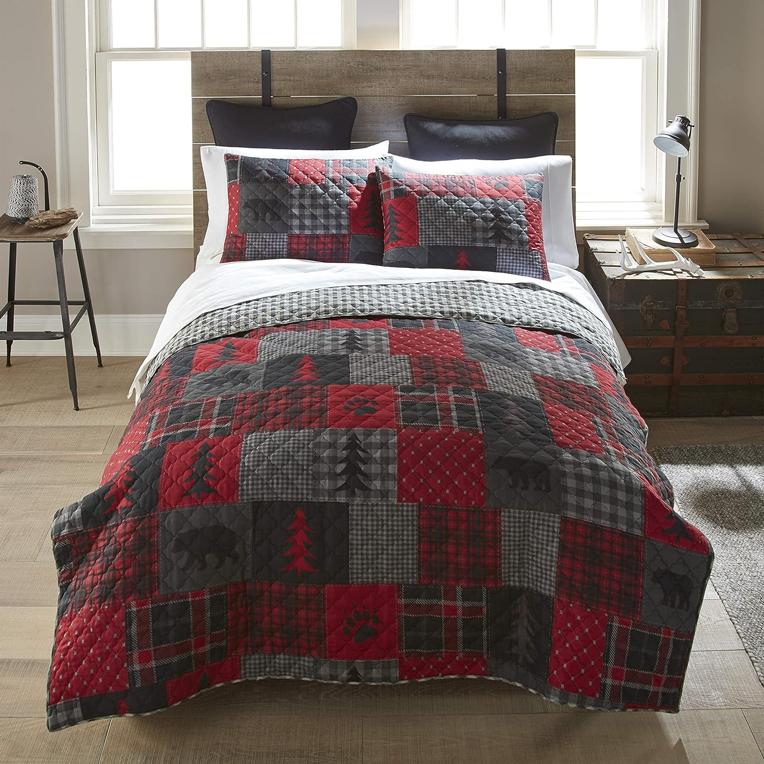 Queen Reversible Quilt Set – Soft Brushed Polyester, Black & Grey Gingham