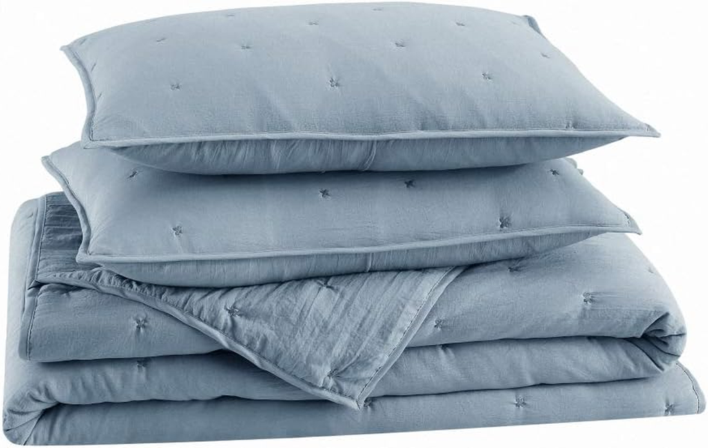 Full/Queen Embroidered Quilt Set – 3-Piece Lightweight Microfiber Star Bedspread, Ultra Soft, Blue