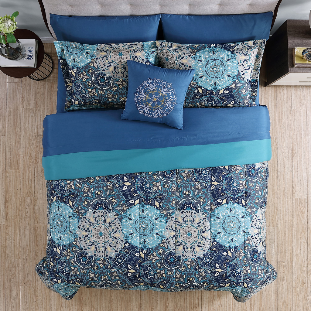 8-Piece Full Bed-in-a-Bag – Granada Deep Blue Damask, Reversible