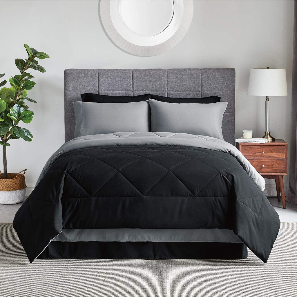 7-Piece Queen Bed-in-a-Bag Comforter Set – Black, Complete Bedding Set with Sheets & Pillow Shams