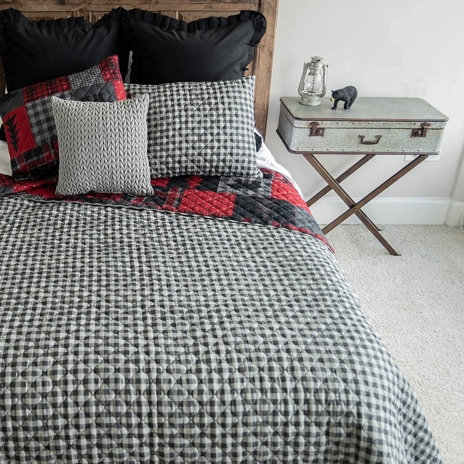 Queen Reversible Quilt Set – Soft Brushed Polyester, Black & Grey Gingham