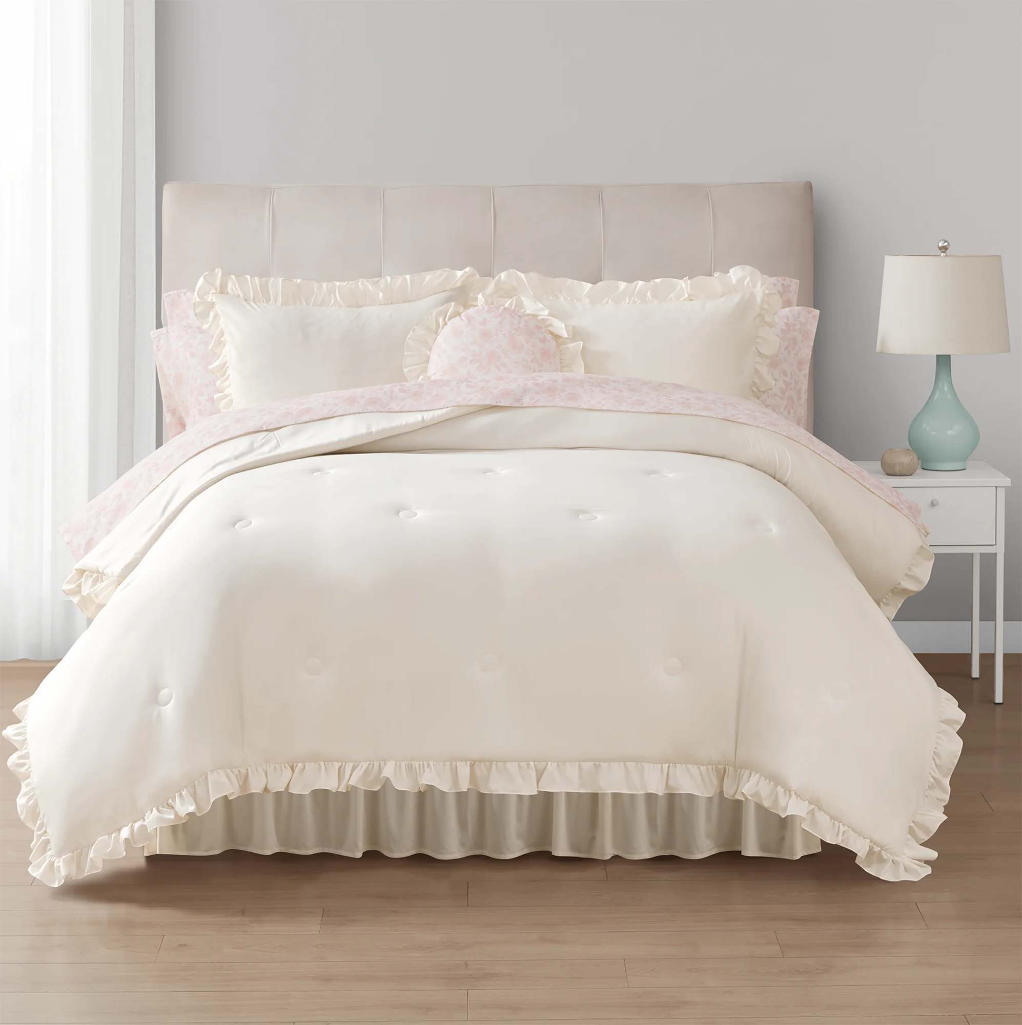 11-Piece Queen Bed-in-a-Bag Comforter Set – Cream Ruffle, Includes Sheets, Shams & Decorative Pillow