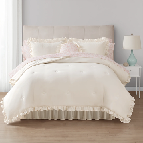 11-Piece Queen Bed-in-a-Bag Comforter Set – Cream Ruffle, Includes Sheets, Shams & Decorative Pillow
