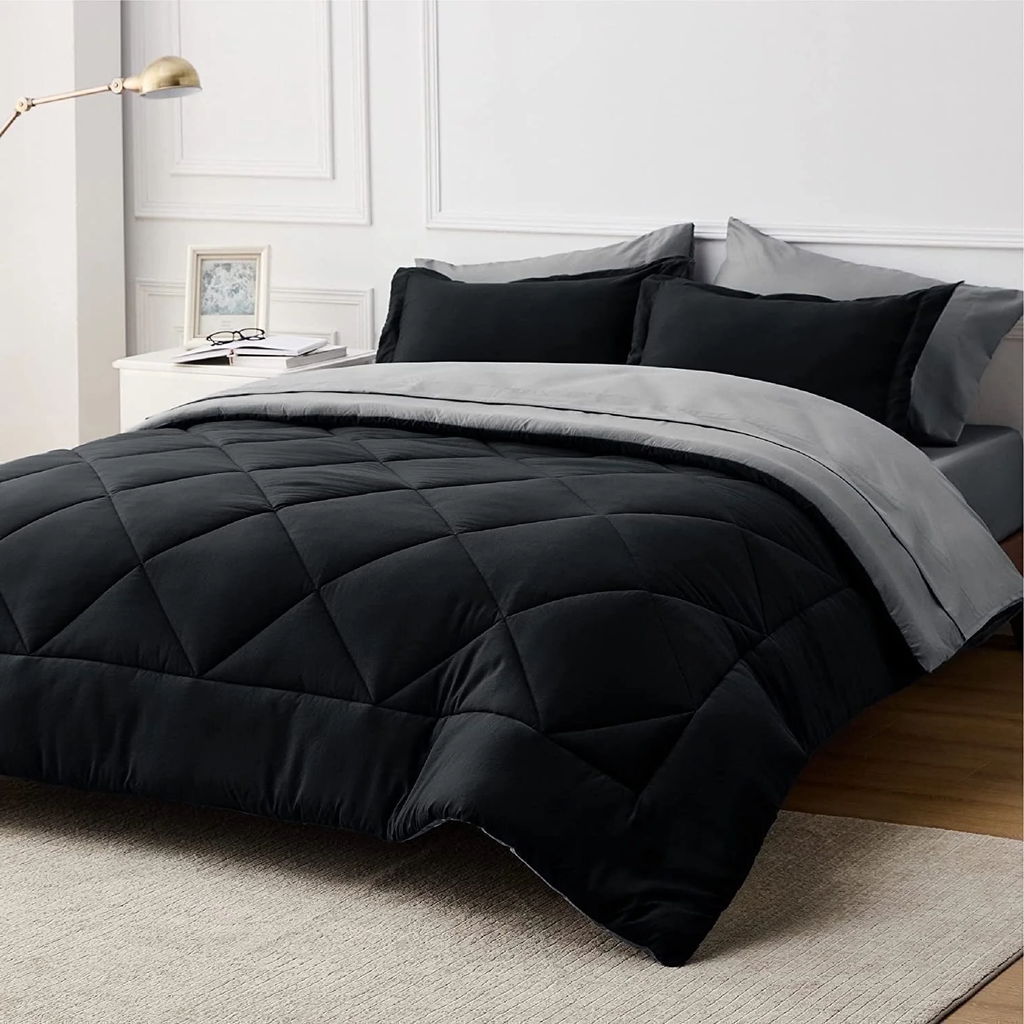 7-Piece Queen Bed-in-a-Bag Comforter Set – Black, Complete Bedding Set with Sheets & Pillow Shams