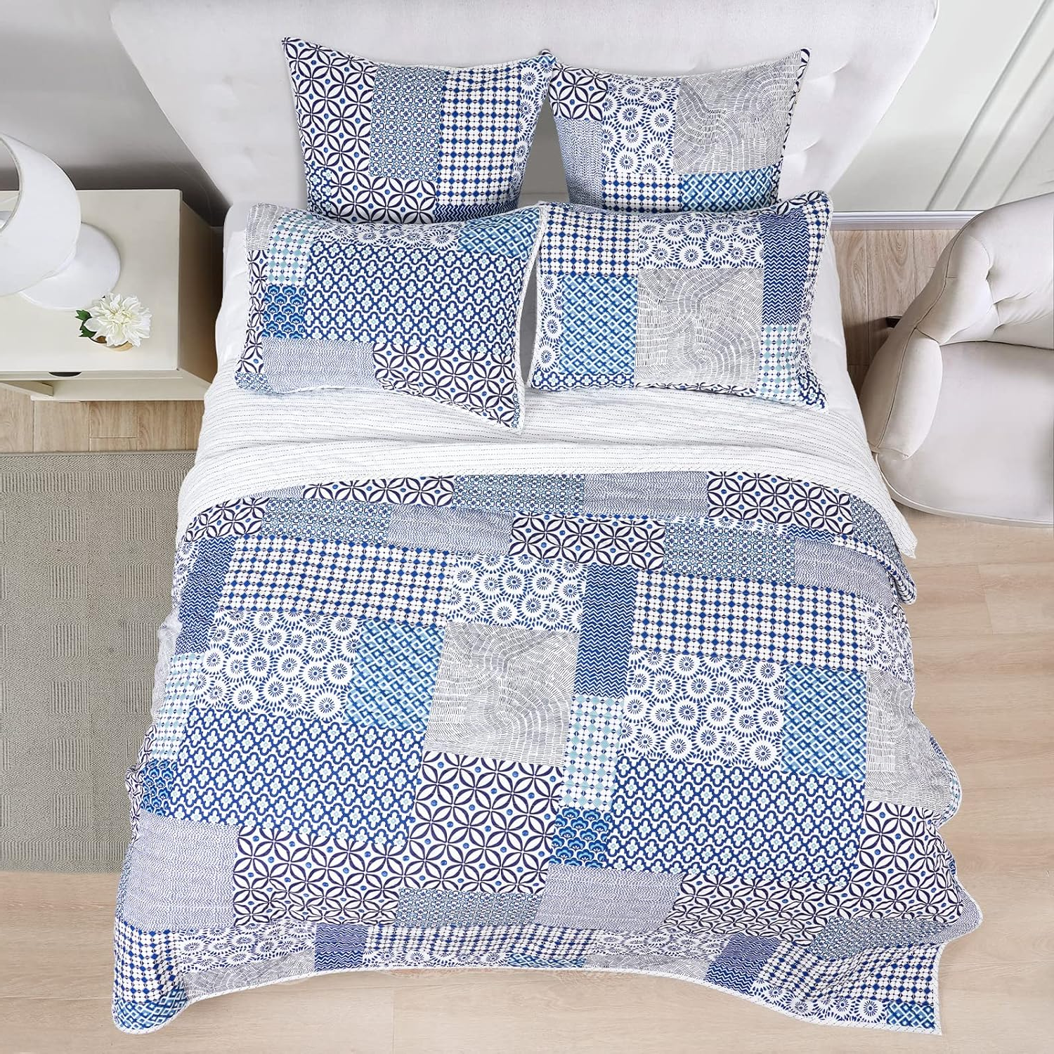 100% Cotton Patchwork Quilt Set – Ultra Soft, Reversible, Lightweight, All-Season