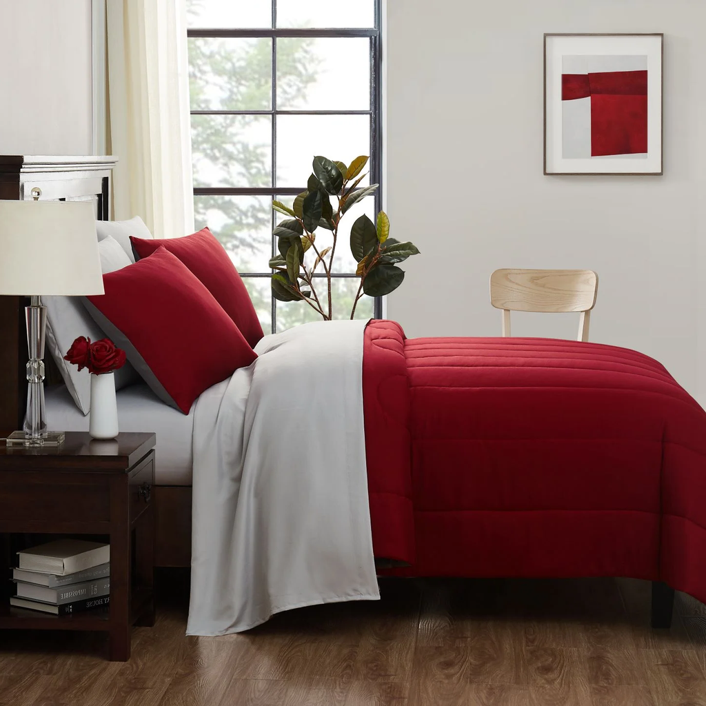 7-Piece Reversible Bed-in-a-Bag Comforter Set – Red, Full, Includes Sheets & Shams