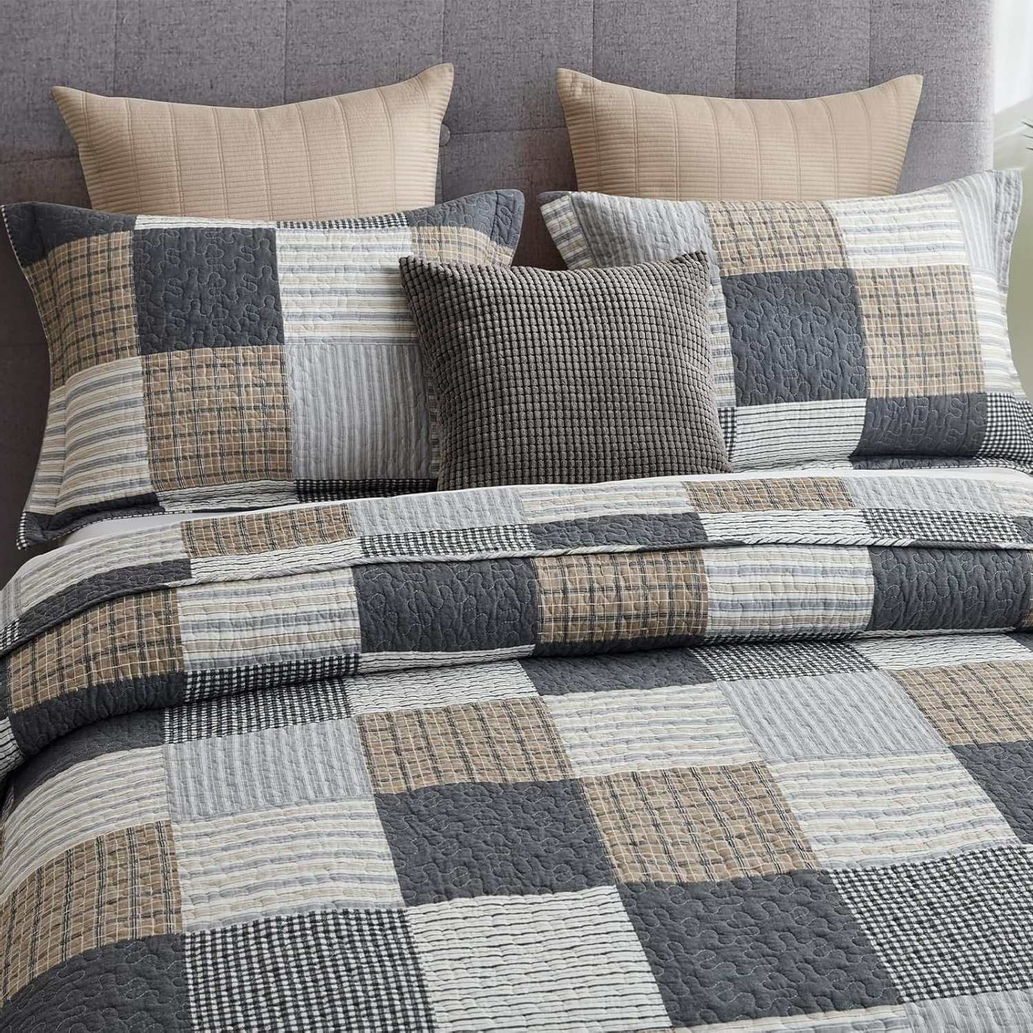 King 3-Piece Quilt Set – 100% Cotton Plaid Farmhouse Bedspread, Lightweight & Reversible, All-Season