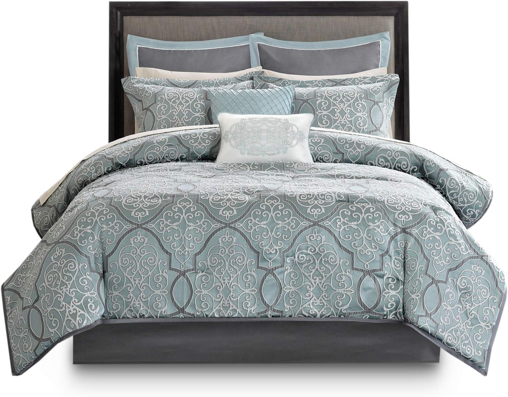King 12-Piece Bed in a Bag Comforter Set – Blue Jacquard Luxe Bedding