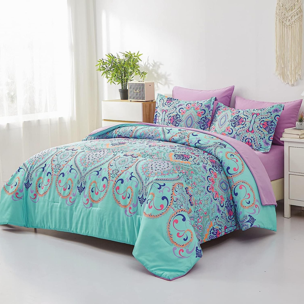 Twin 5-Piece Comforter Set – Boho Aqua & Lilac Damask, Bed-in-a-Bag, Includes Sheets & Shams