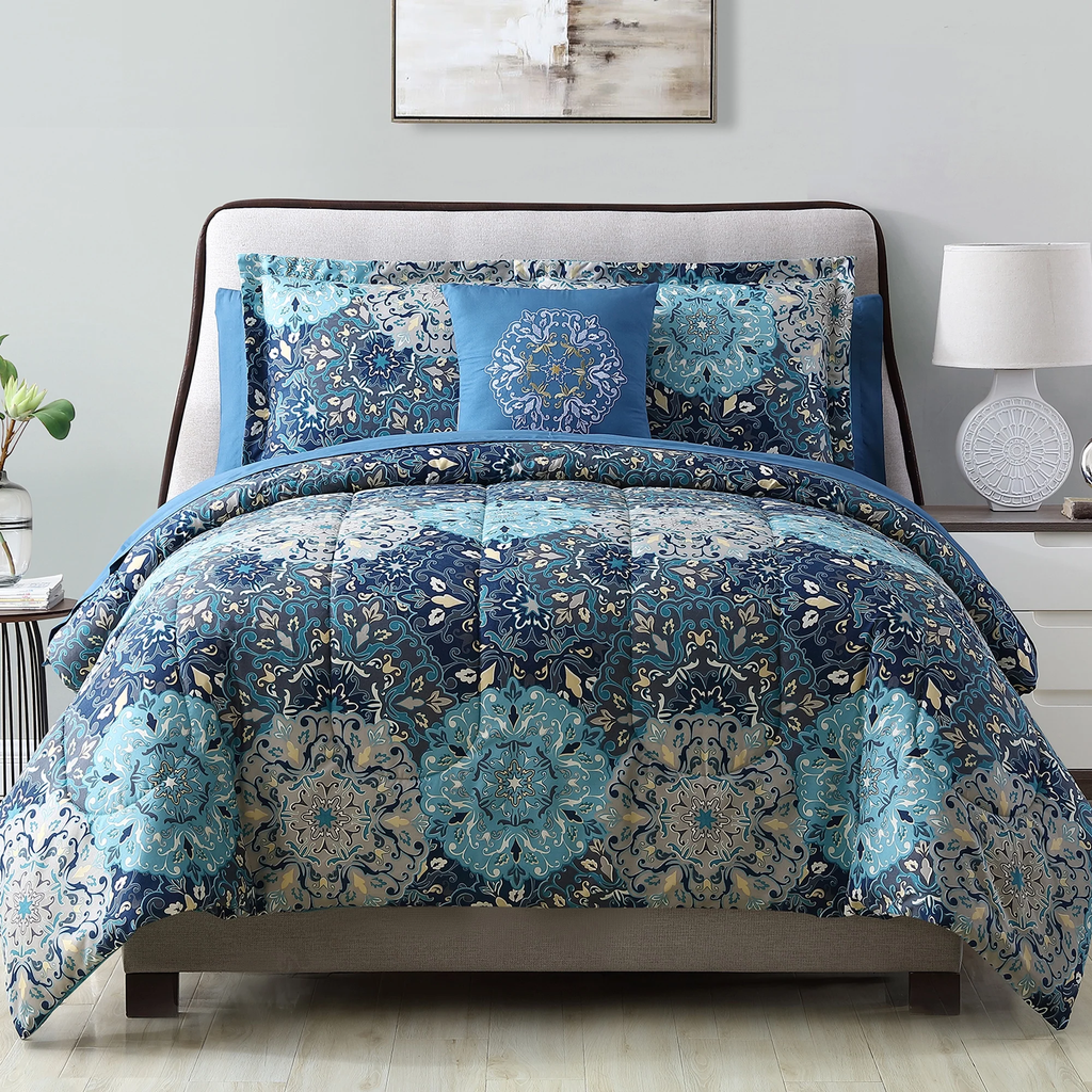 8-Piece Full Bed-in-a-Bag – Granada Deep Blue Damask, Reversible