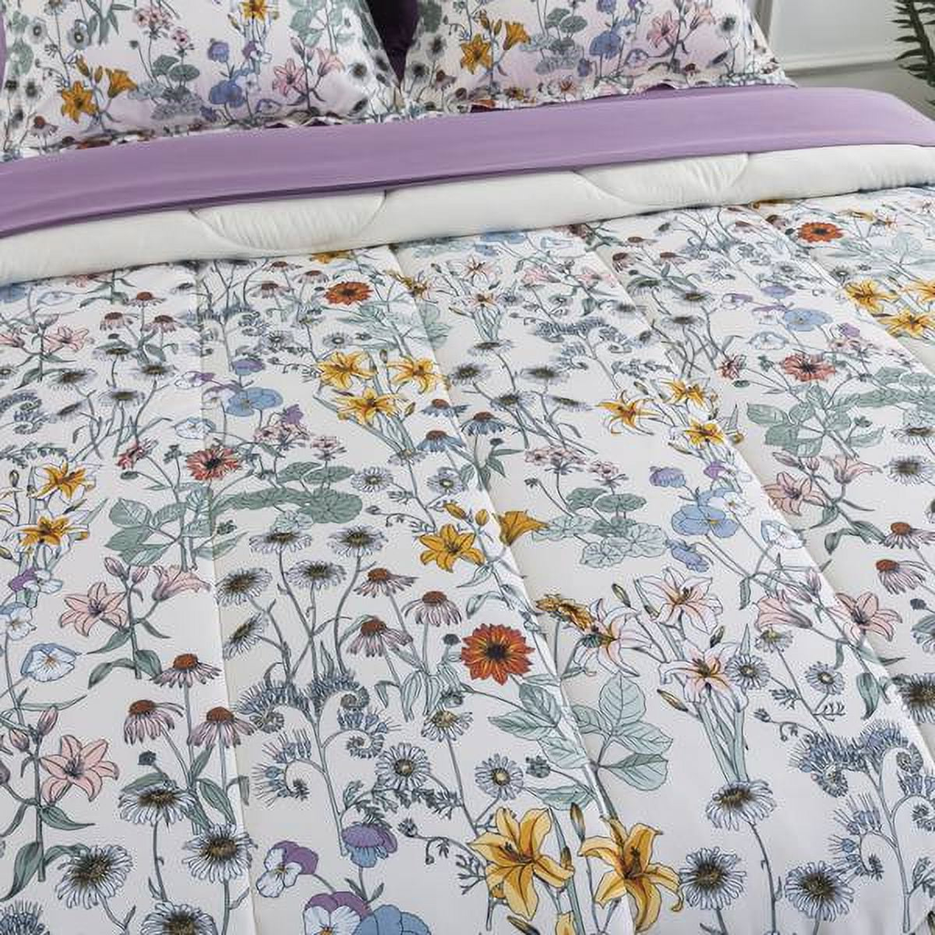 Queen 7-Piece Reversible Bed-in-a-Bag Comforter Set with Sheets & Pillowcases – White Multi-Floral, Soft Microfiber, All-Season