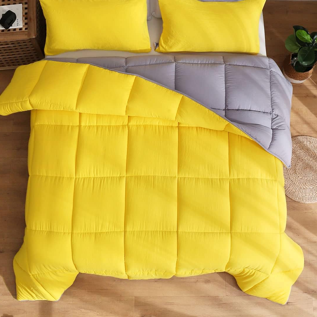 King Reversible Comforter – All-Season Ultra-Soft Down Alternative Quilt, Yellow/Gray