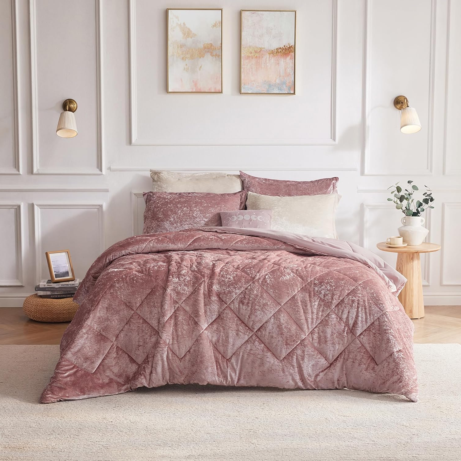 Velvet Comforter Set Full/Queen – 4-Piece All-Season Diamond Quilted Bedding, Blush