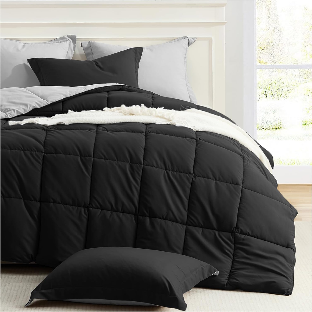 King Reversible Comforter Set – Black/Grey, Lightweight All-Season 3-Piece Bedding