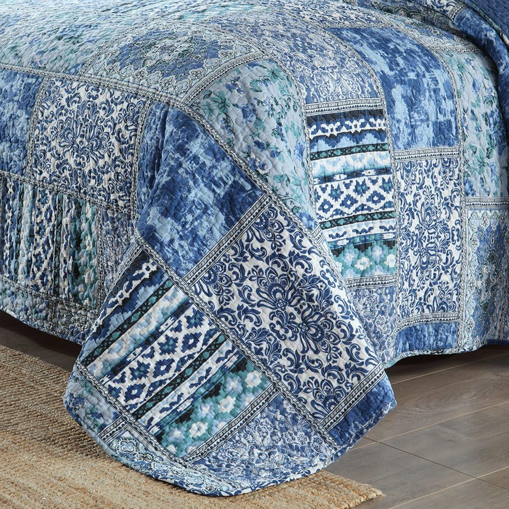Twin Cotton Quilt Set – Reversible Patchwork Bedspread, Blue Bohemian Coverlet, 3-Piece