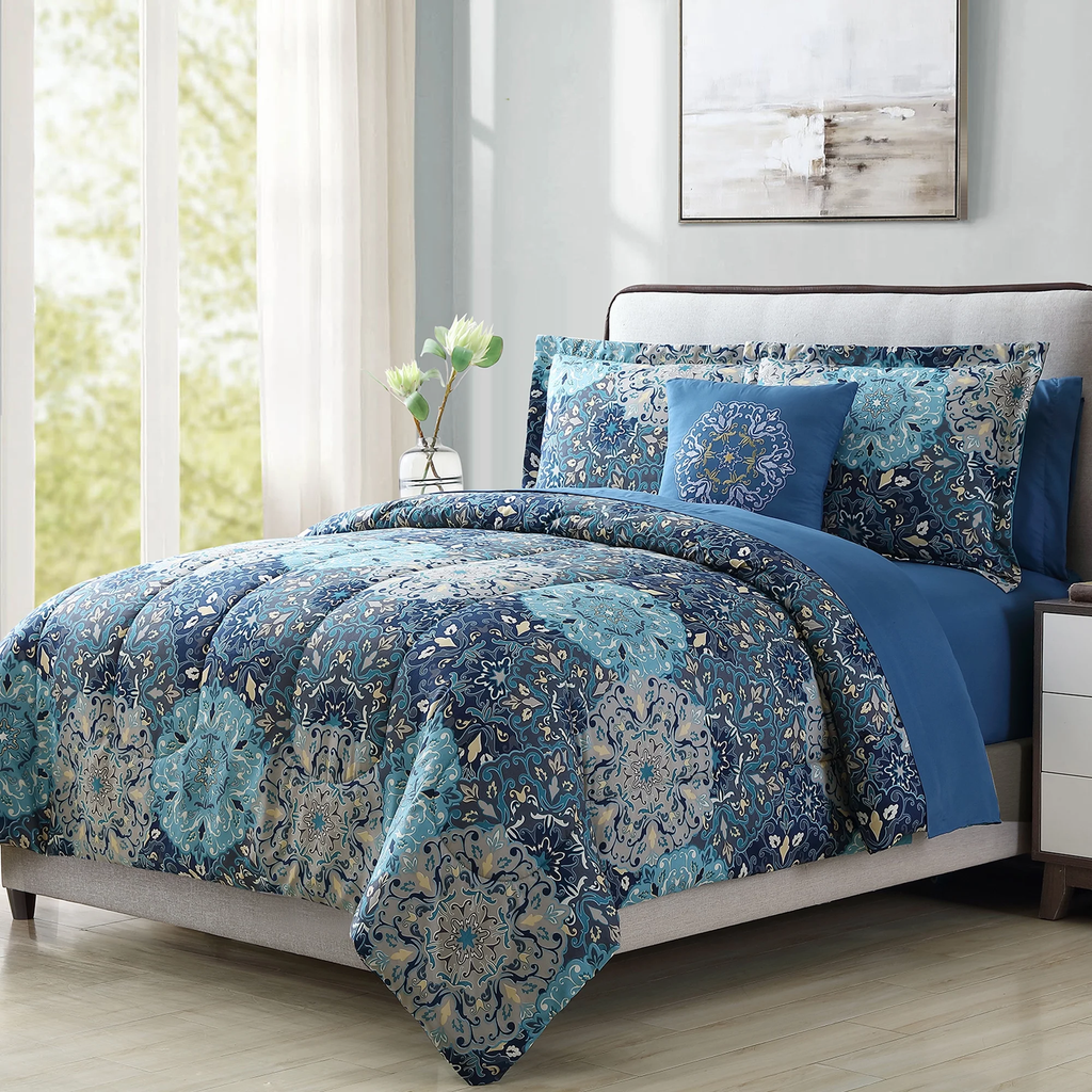 8-Piece Full Bed-in-a-Bag – Granada Deep Blue Damask, Reversible