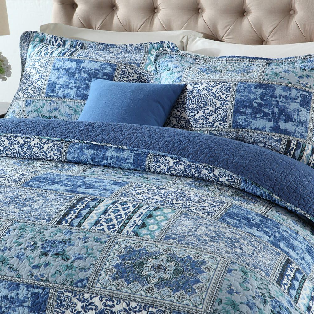 Twin Cotton Quilt Set – Reversible Patchwork Bedspread, Blue Bohemian Coverlet, 3-Piece