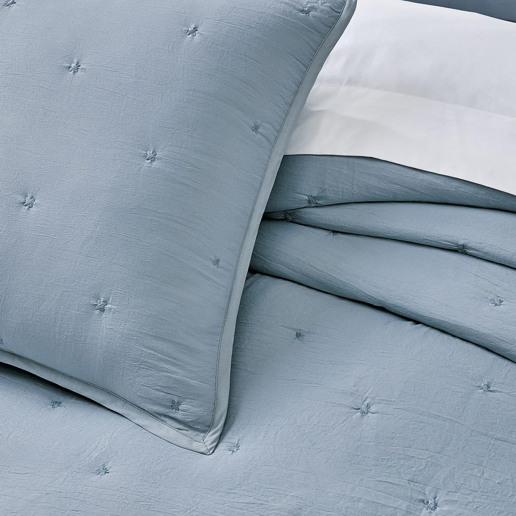 Full/Queen Embroidered Quilt Set – 3-Piece Lightweight Microfiber Star Bedspread, Ultra Soft, Blue