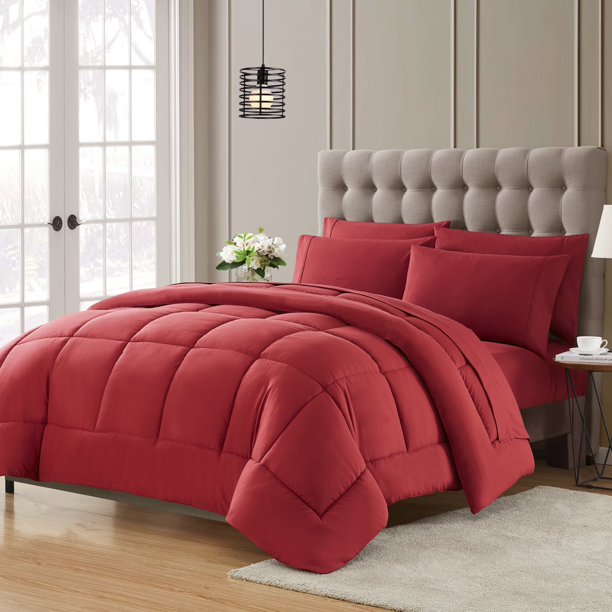 7-Piece King Bed-in-a-Bag Comforter Set – Luxury Burgundy Down Alternative, Includes Sheets & Shams