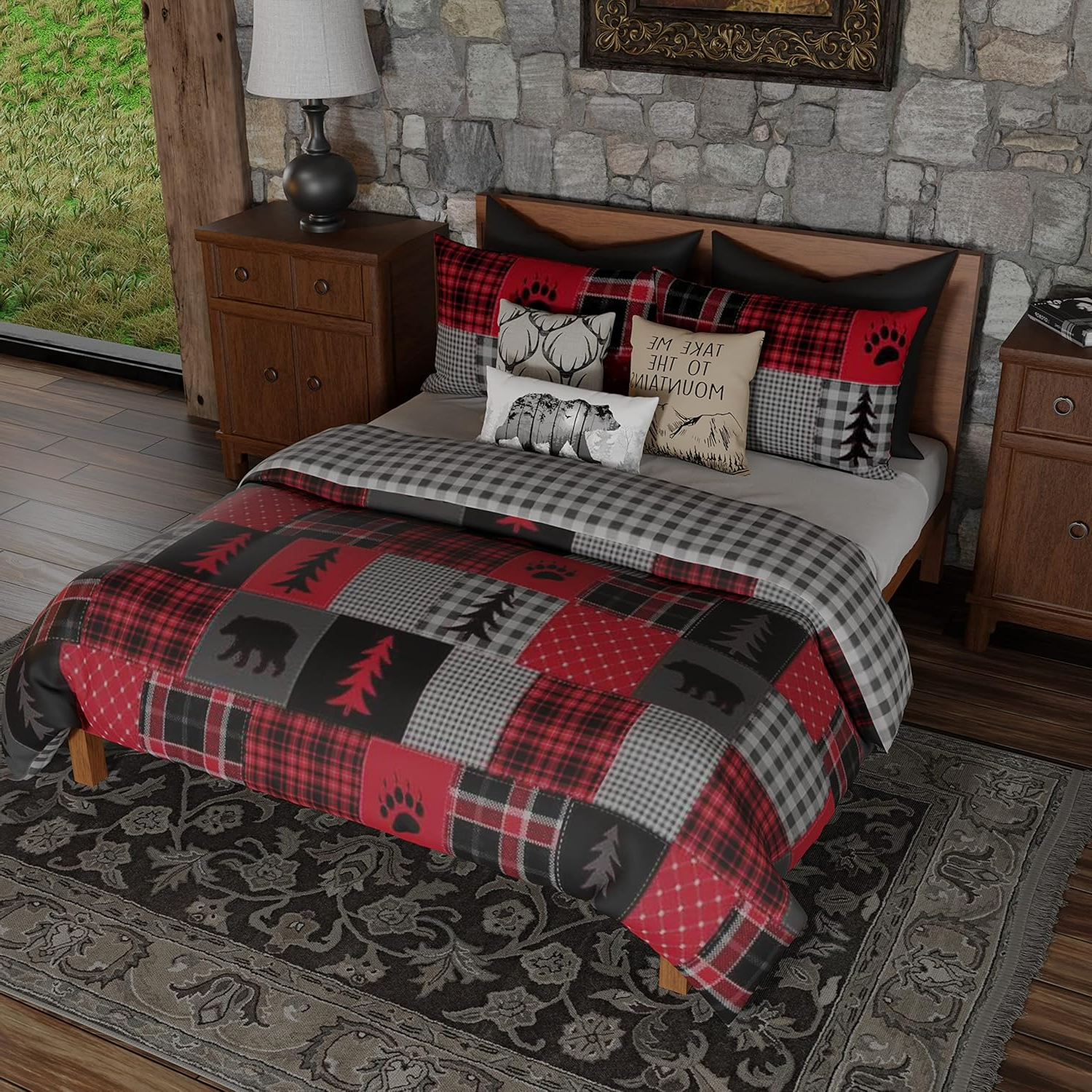 Queen Reversible Quilt Set – Soft Brushed Polyester, Black & Grey Gingham