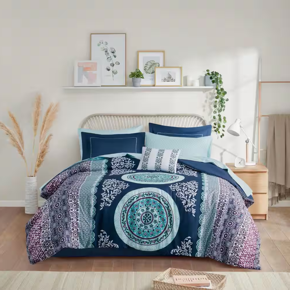 9-Piece Queen Bed-in-a-Bag – Navy Boho Microfiber, Soft Brushed Print Bedding Set