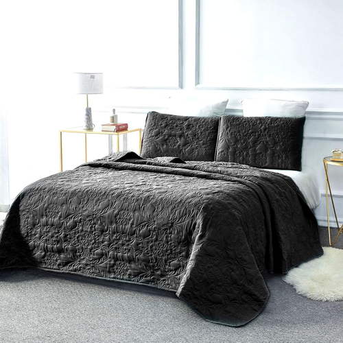 3-Piece Queen Quilt Set – Black Lightweight Microfiber Bedding