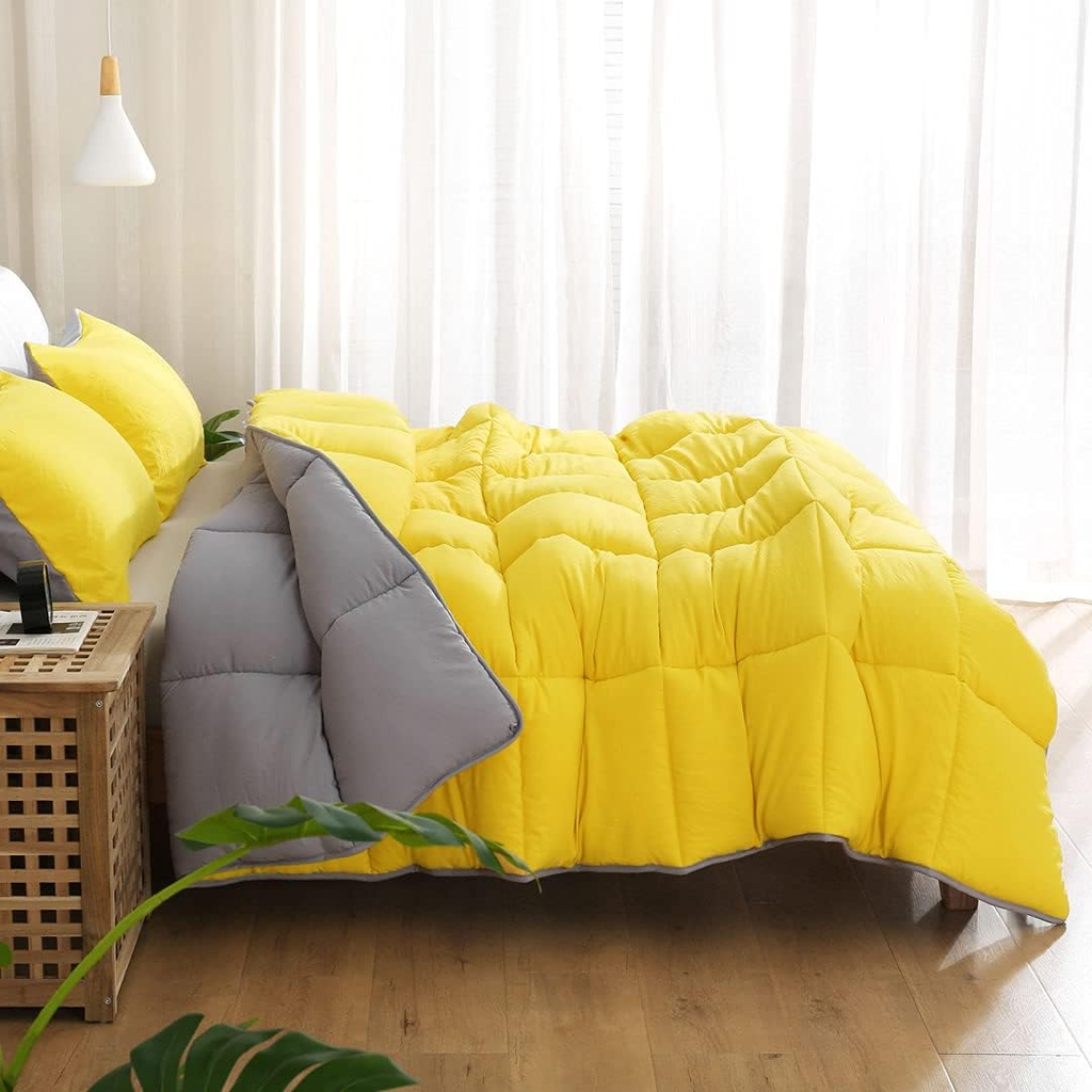 King Reversible Comforter – All-Season Ultra-Soft Down Alternative Quilt, Yellow/Gray