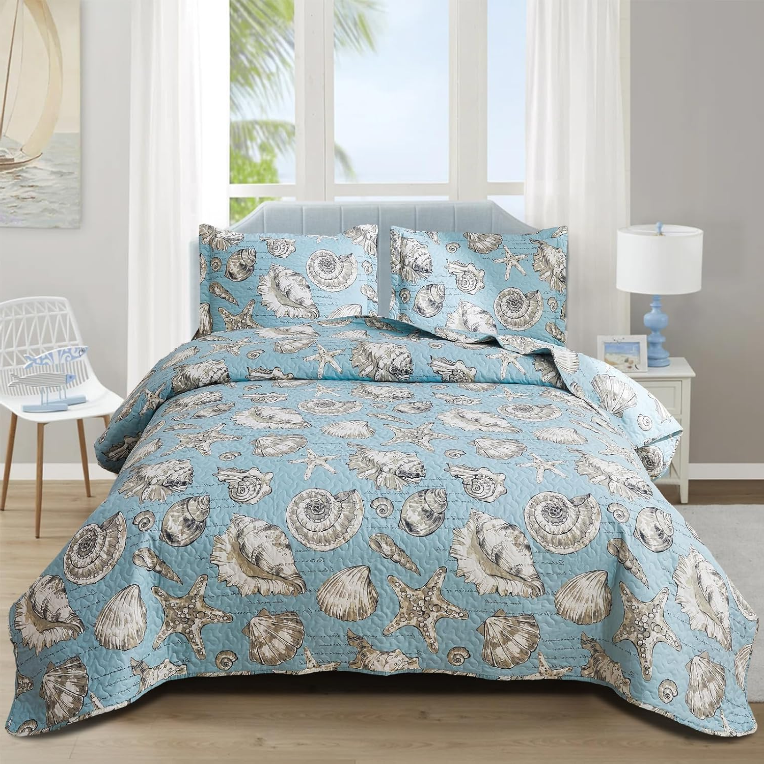 Twin Beach Quilt Set – 3-Piece Ocean Seashell Starfish Reversible Bedspread, Blue