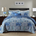 Twin Cotton Quilt Set – Reversible Patchwork Bedspread, Blue Bohemian Coverlet, 3-Piece