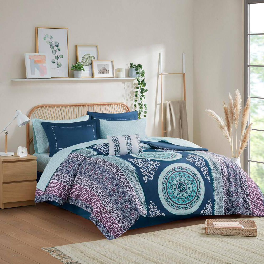 9-Piece Queen Bed-in-a-Bag – Navy Boho Microfiber, Soft Brushed Print Bedding Set