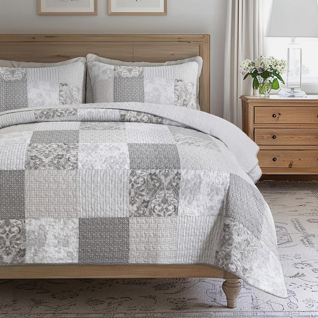 Silver Gray Queen Quilt Set – Lightweight Cotton, 3-Piece