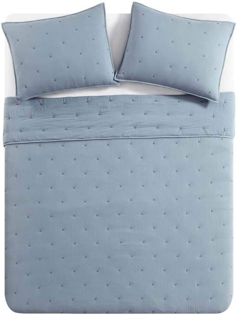 Full/Queen Embroidered Quilt Set – 3-Piece Lightweight Microfiber Star Bedspread, Ultra Soft, Blue
