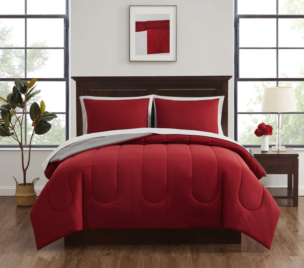 7-Piece Reversible Bed-in-a-Bag Comforter Set – Red, Full, Includes Sheets & Shams