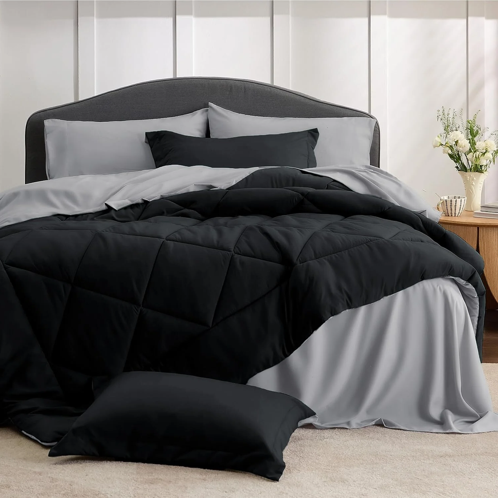 7-Piece Queen Bed-in-a-Bag Comforter Set – Black, Complete Bedding Set with Sheets & Pillow Shams