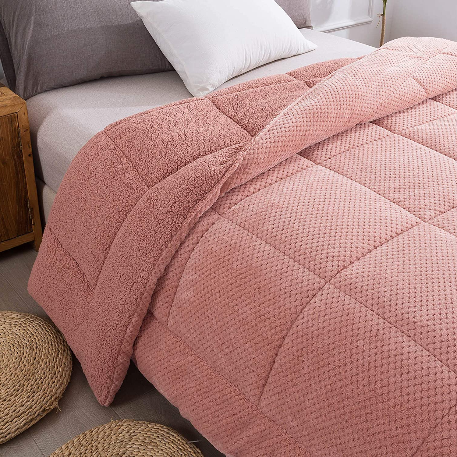 King Sherpa Comforter – Ultra Soft Reversible Fleece, Goose Down Alternative, Sunset Rose Pink