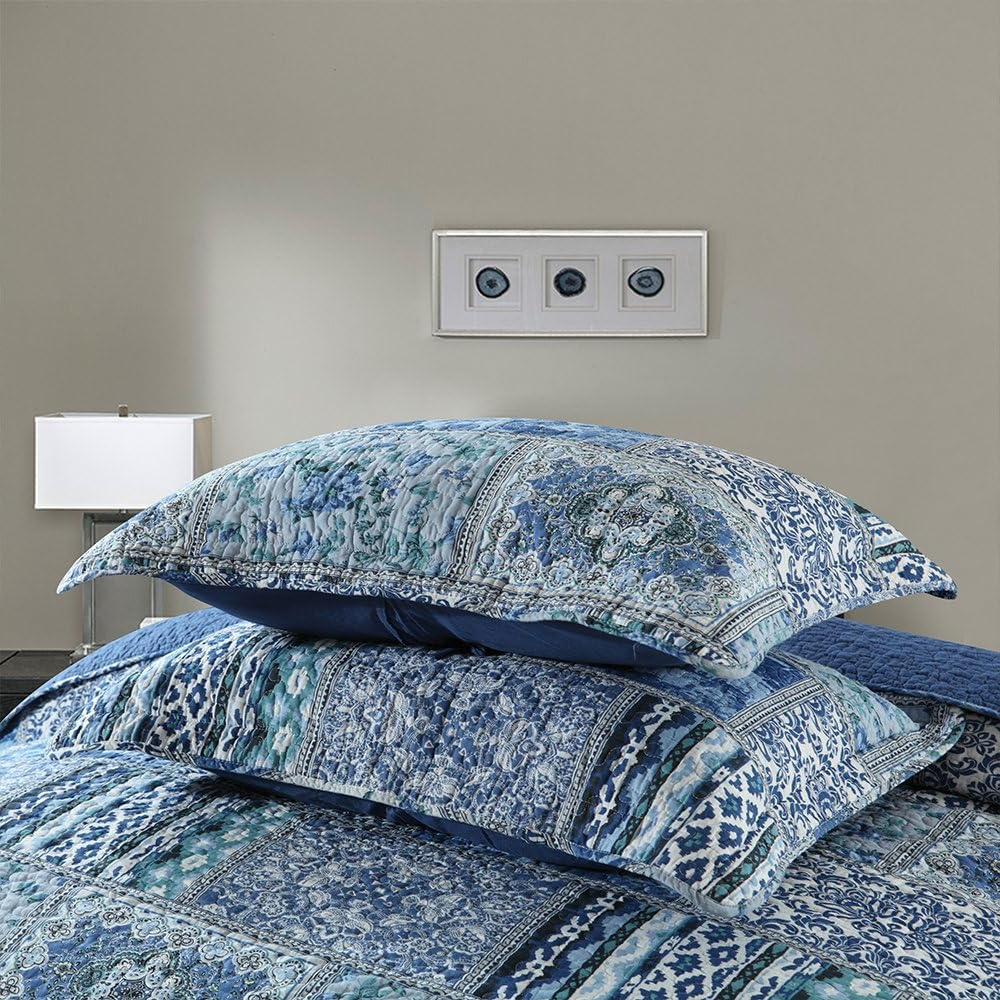 Twin Cotton Quilt Set – Reversible Patchwork Bedspread, Blue Bohemian Coverlet, 3-Piece