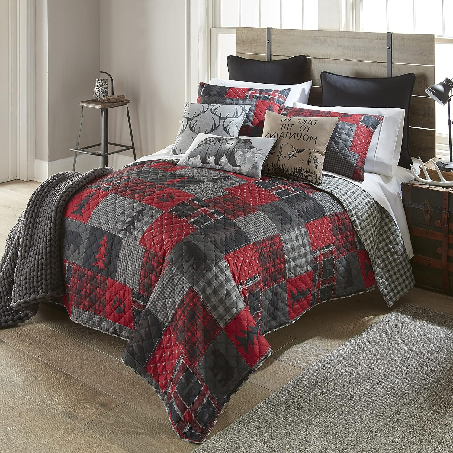Queen Reversible Quilt Set – Soft Brushed Polyester, Black & Grey Gingham