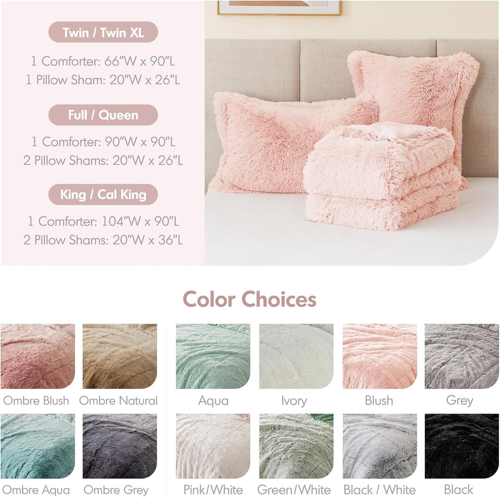Full/Queen Shaggy Faux Fur Comforter Set – 3-Piece All-Season Cozy Down Alternative, Blush