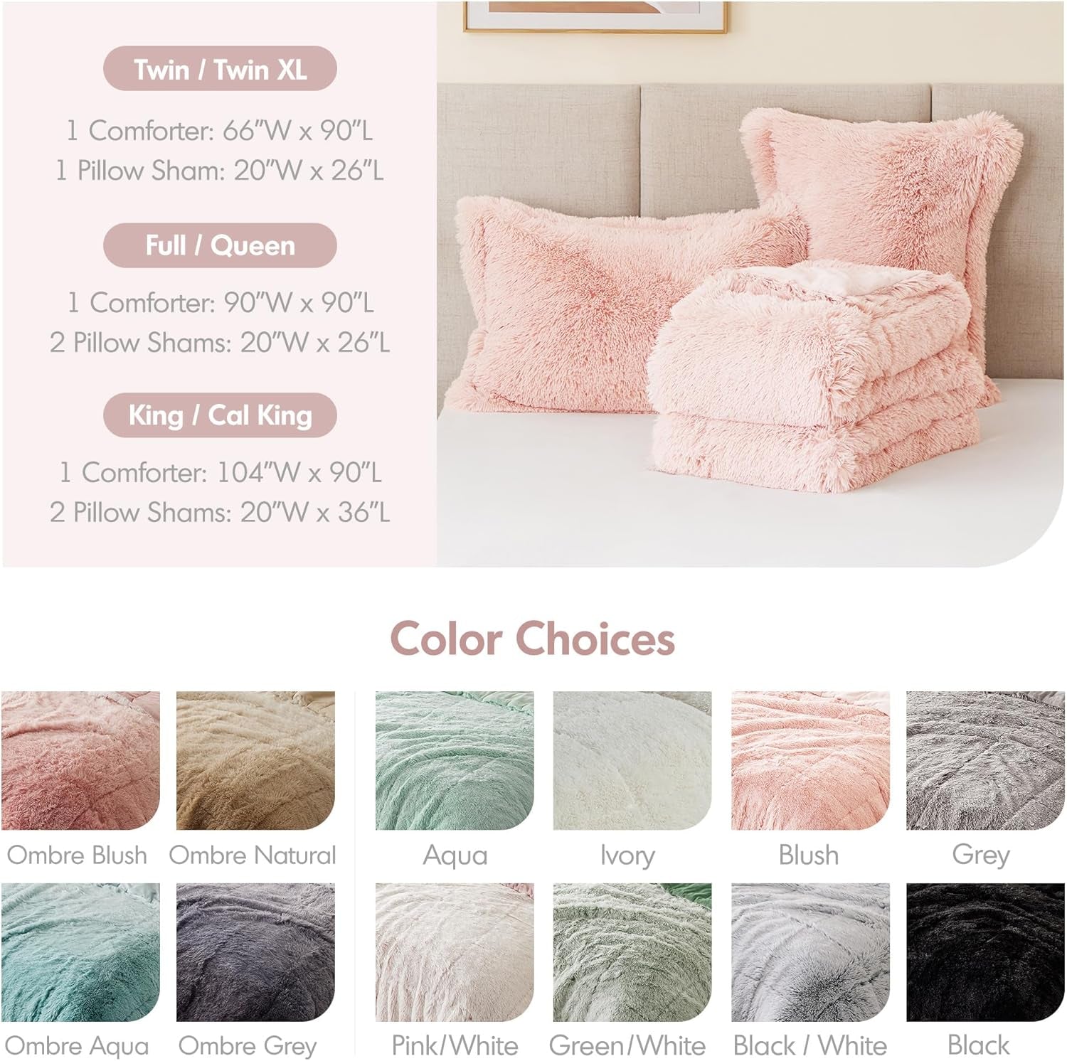 Full/Queen Shaggy Faux Fur Comforter Set – 3-Piece All-Season Cozy Down Alternative, Blush