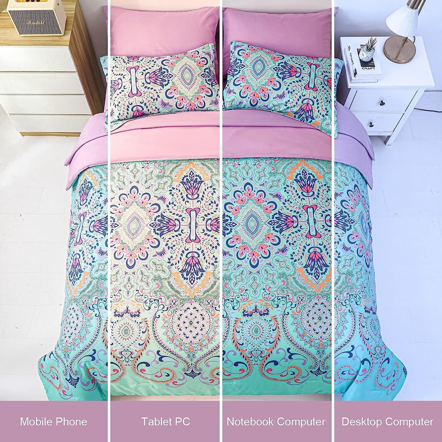 Twin 5-Piece Comforter Set – Boho Aqua & Lilac Damask, Bed-in-a-Bag, Includes Sheets & Shams
