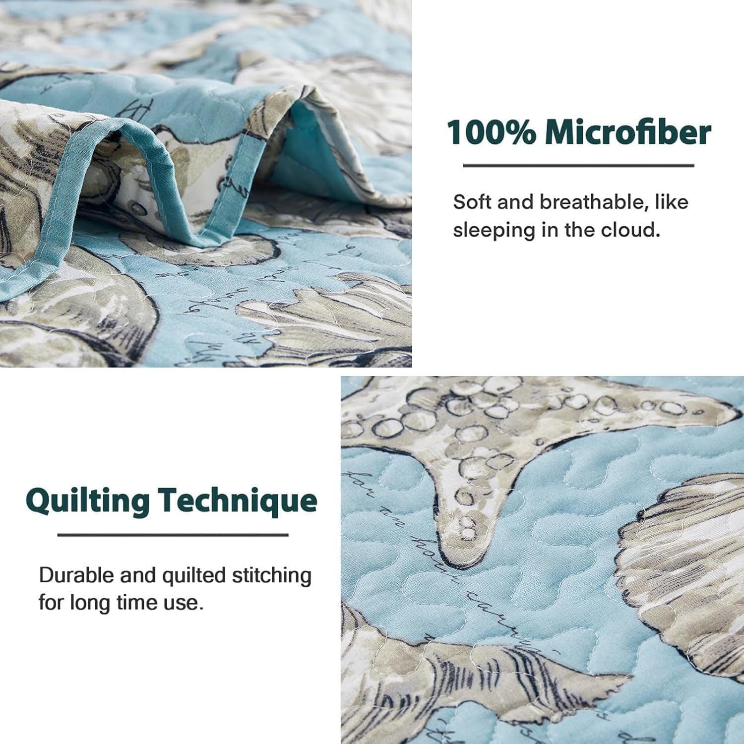Twin Beach Quilt Set – 3-Piece Ocean Seashell Starfish Reversible Bedspread, Blue
