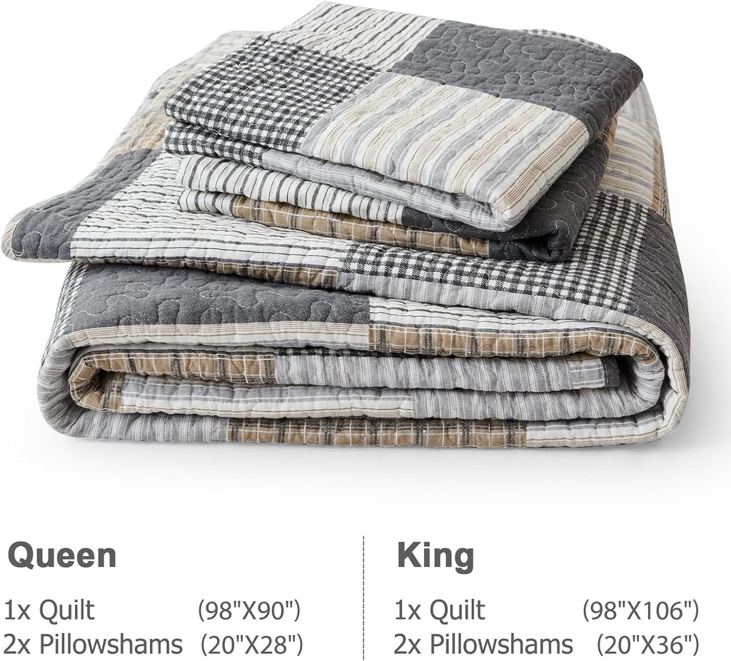 King 3-Piece Quilt Set – 100% Cotton Plaid Farmhouse Bedspread, Lightweight & Reversible, All-Season