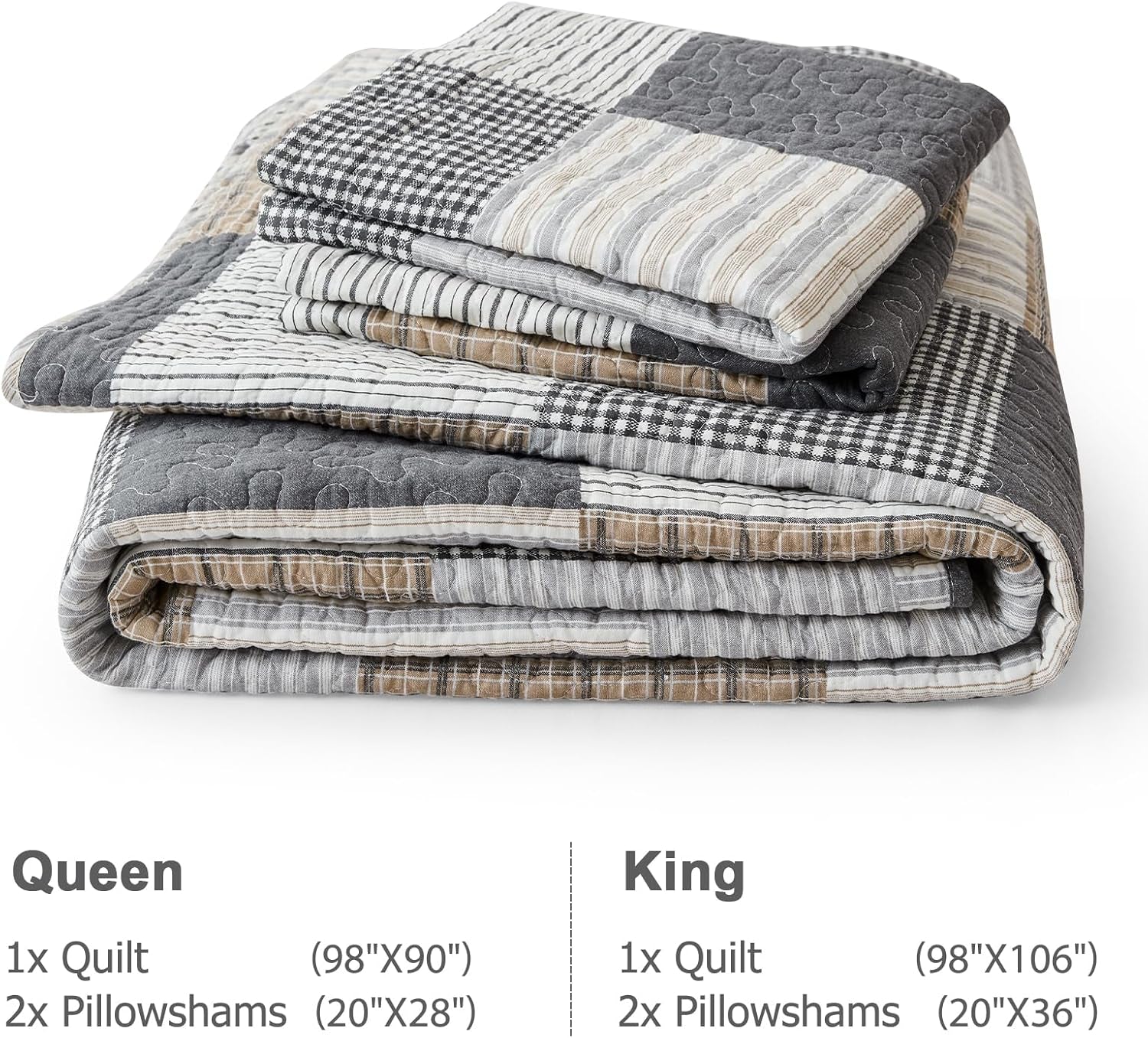 King 3-Piece Quilt Set – 100% Cotton Plaid Farmhouse Bedspread, Lightweight & Reversible, All-Season