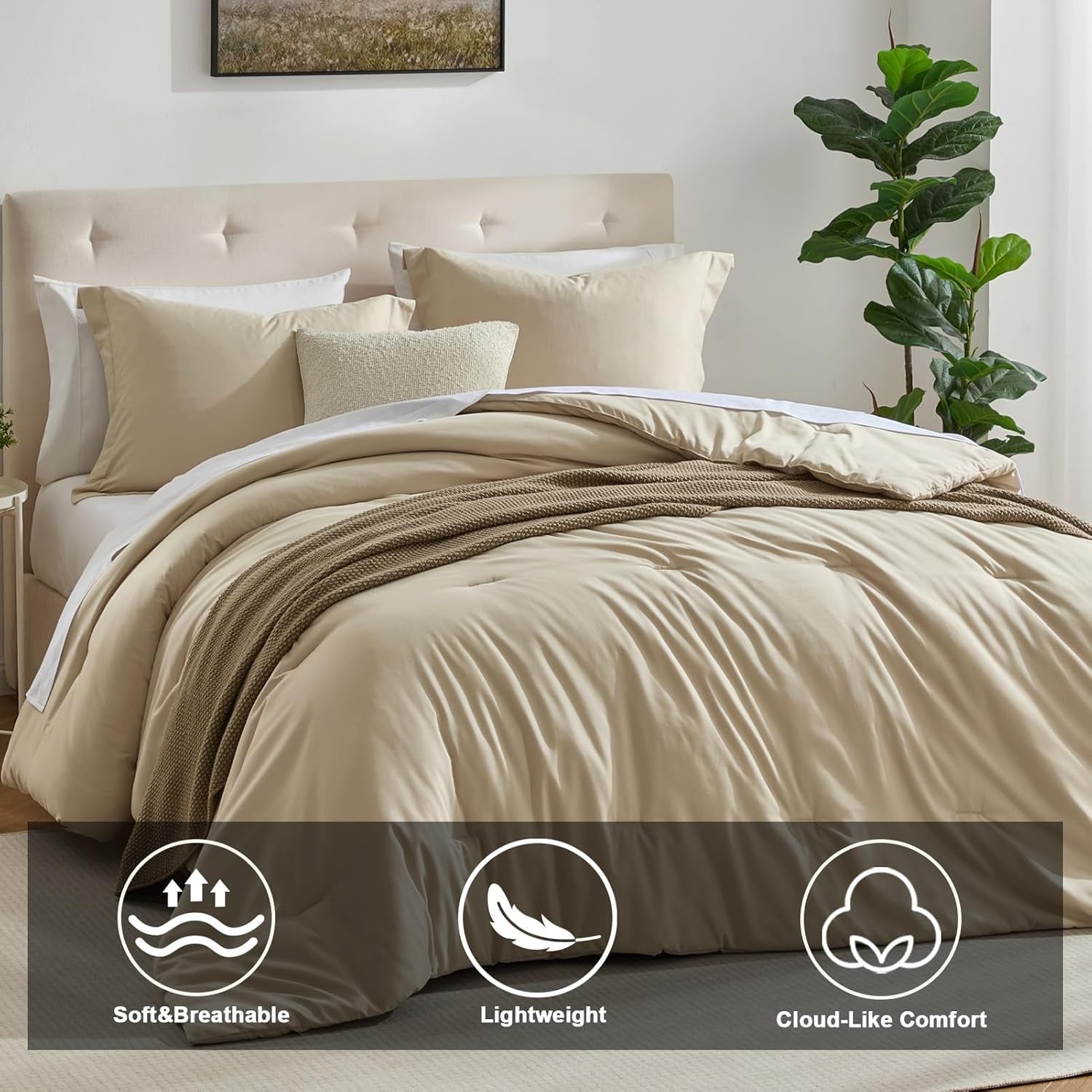 Twin Beige Comforter Set – 2-Piece Lightweight Down Alternative Bedding