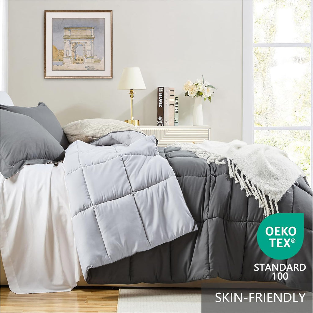 Twin Comforter Set – Reversible Grey & Light Gray, Soft Lightweight Down Alternative, All-Season 2-Piece