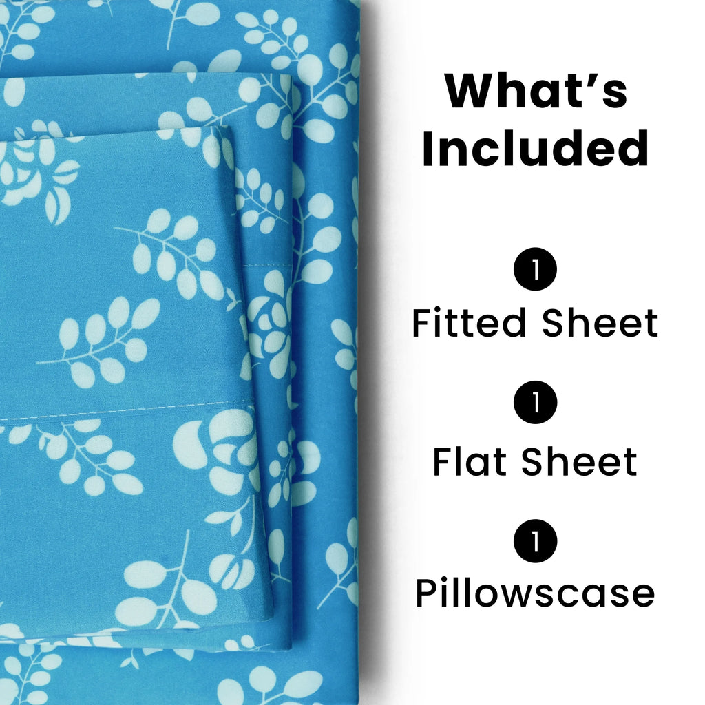 Twin Size Floral Microfiber Bed Sheet Set – 3 Piece, Deep Pocket, Blue