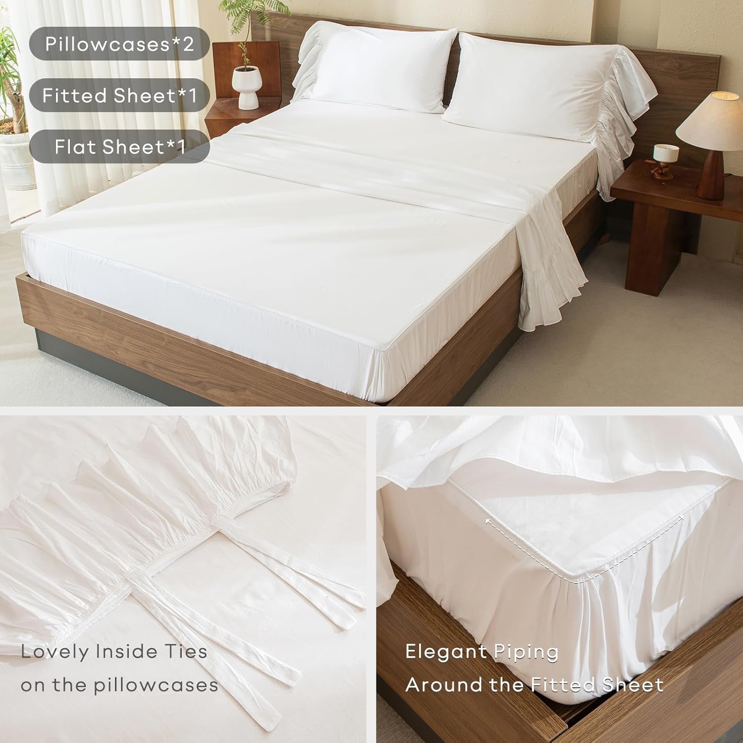 King Sheet Set – 4-Piece Cotton, White Ruffles, Soft & Breathable