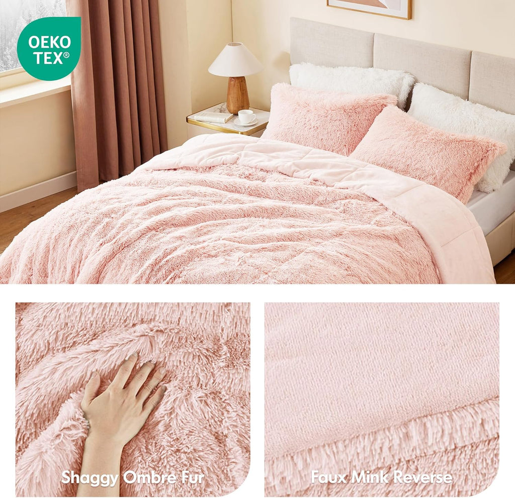 Full/Queen Shaggy Faux Fur Comforter Set – 3-Piece All-Season Cozy Down Alternative, Blush
