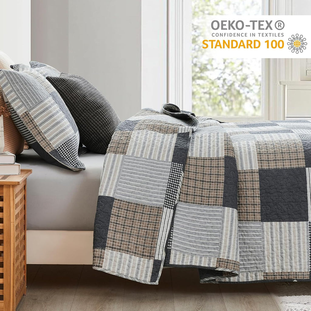 King 3-Piece Quilt Set – 100% Cotton Plaid Farmhouse Bedspread, Lightweight & Reversible, All-Season