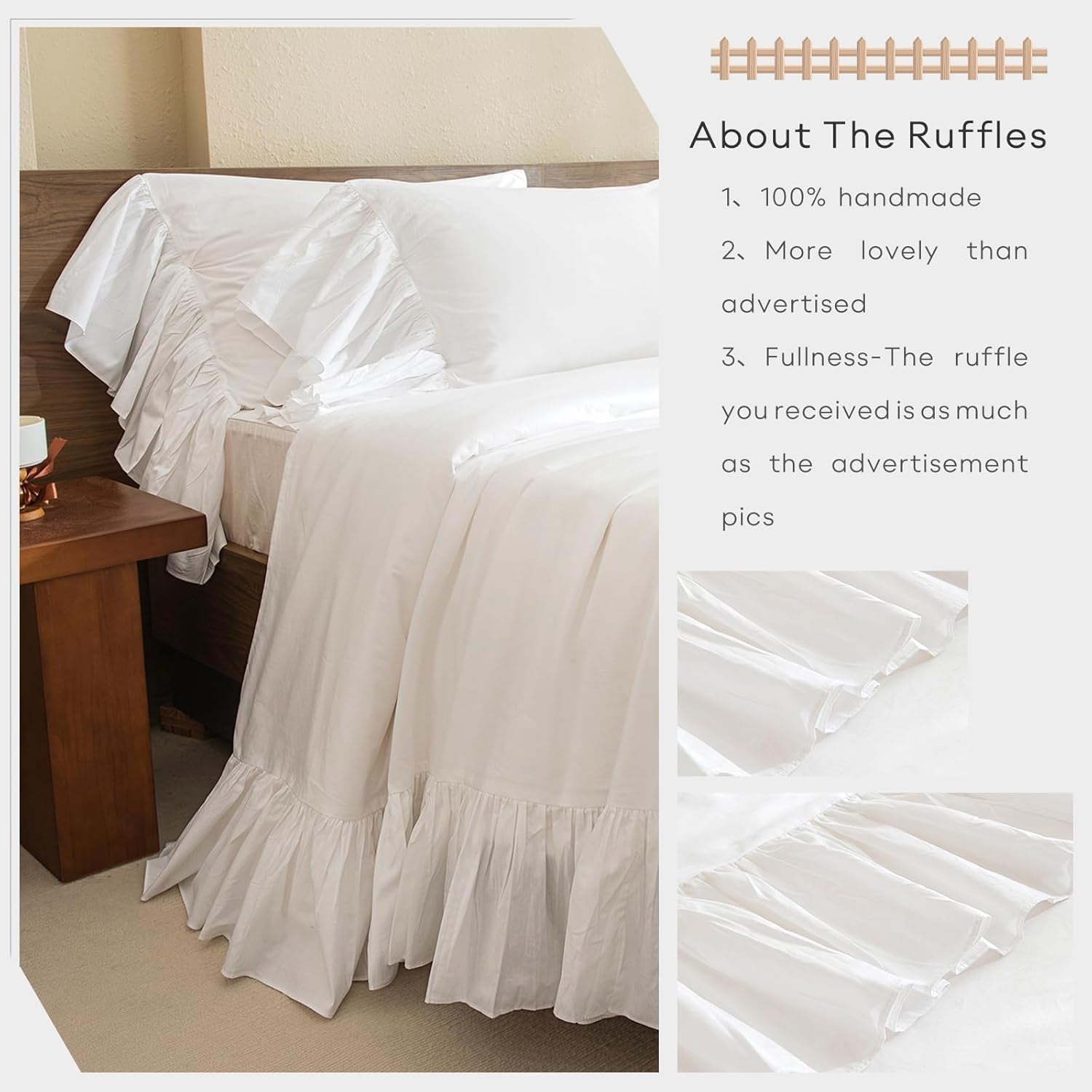 King Sheet Set – 4-Piece Cotton, White Ruffles, Soft & Breathable